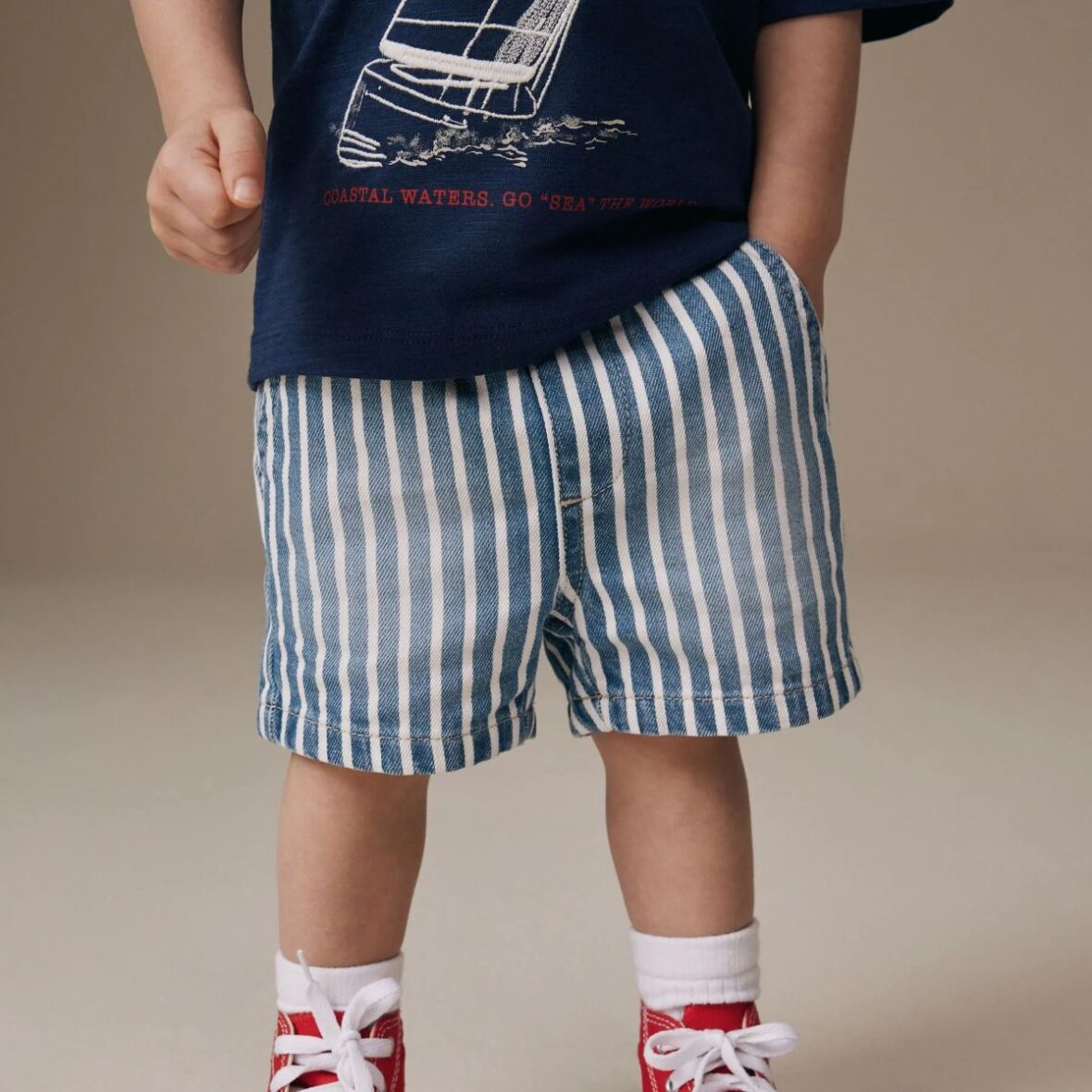 Blue White Stripe Pull On Loose Denim Shorts 1