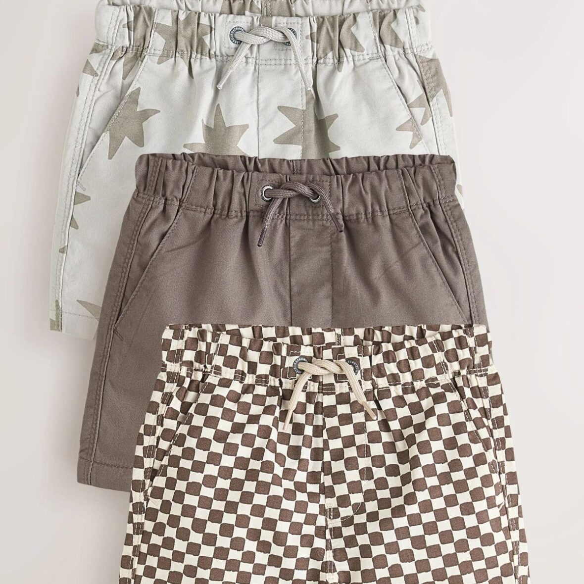 Brown/Star/Checkerboard Pull On Shorts 3 Pack (3mths-7yrs)