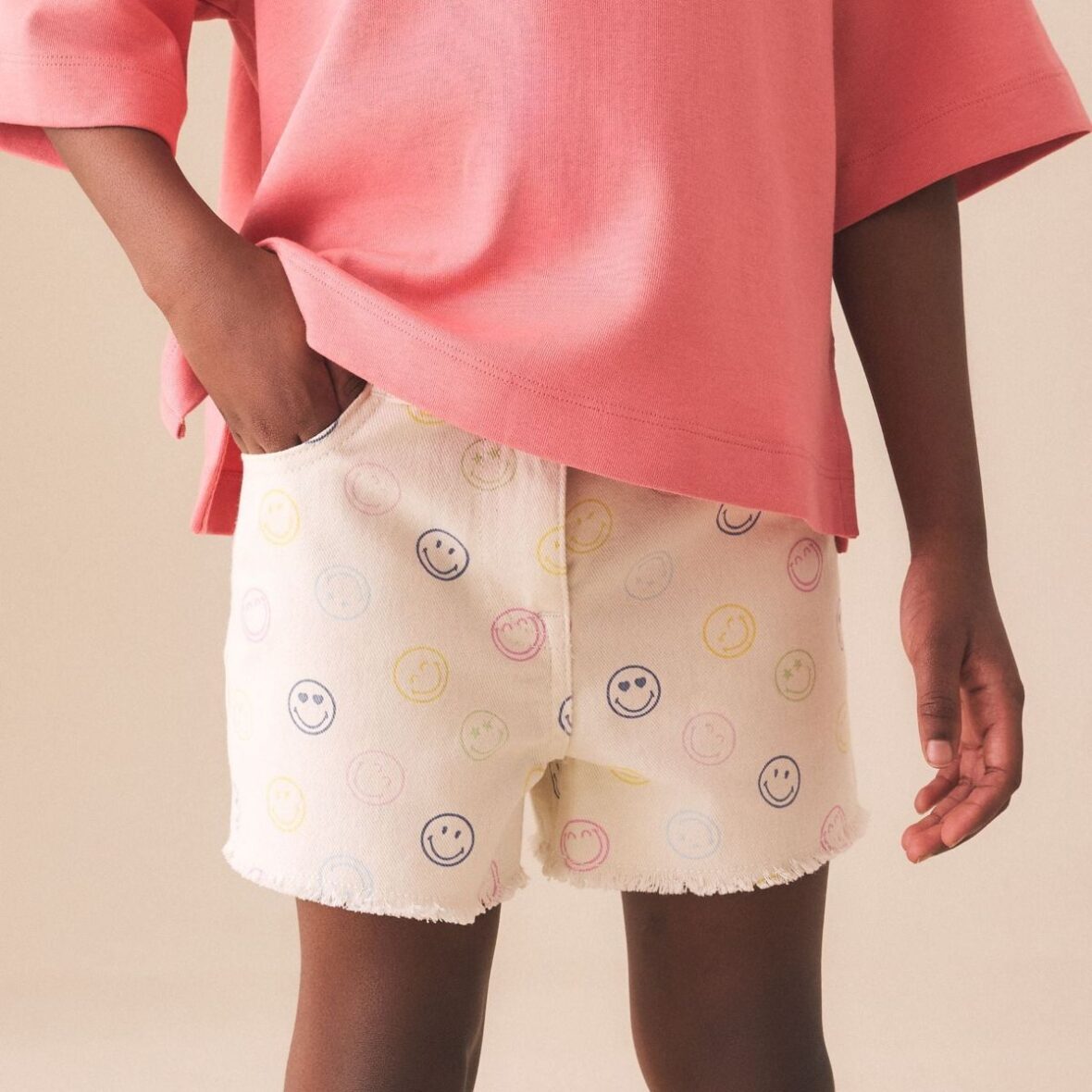 Ecru Multicolour Smiley World Regular Length Frayed Edge Denim Shorts 1