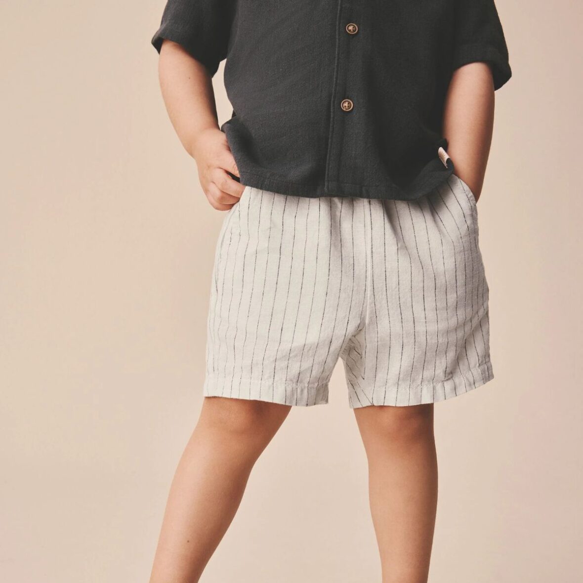 Ecru Stripe Linen Blend Pull On Shorts 1