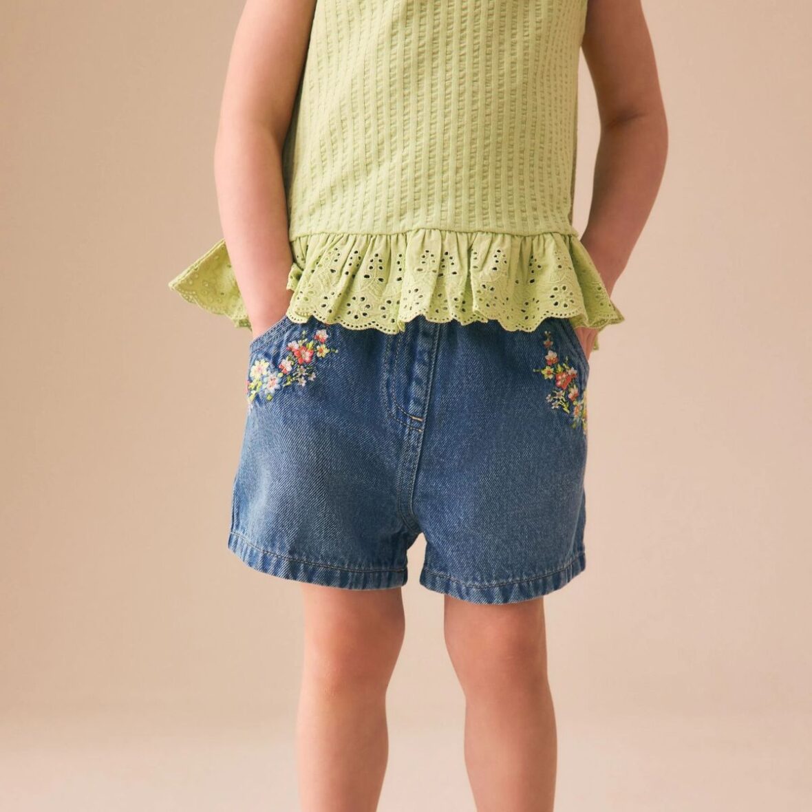 Mid Blue Denim Embroidered Flower Pull On Denim Shorts 1