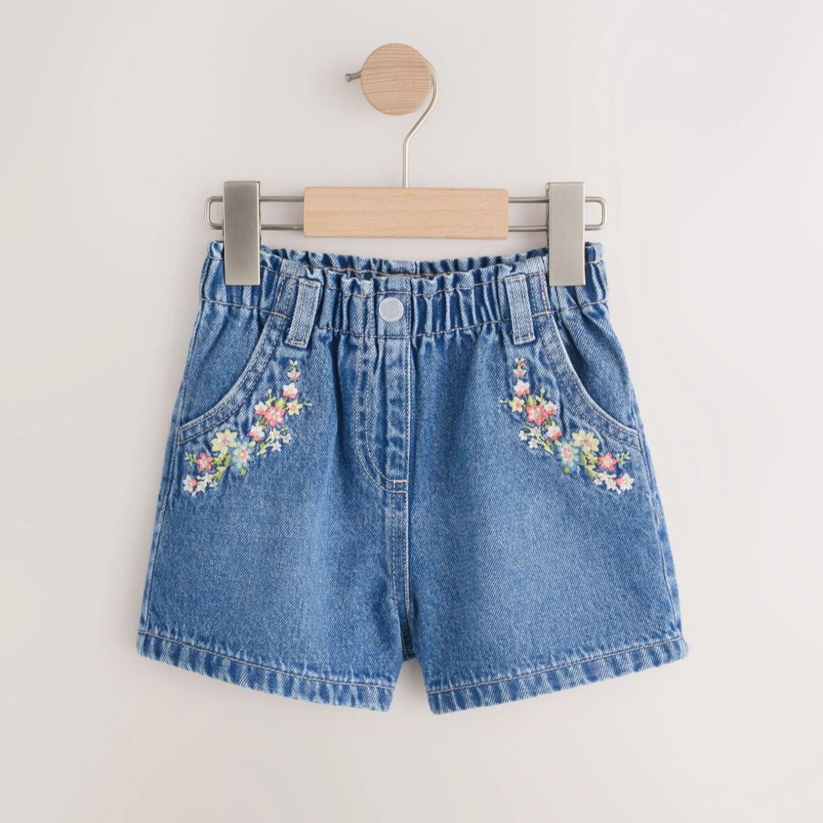 Mid Blue Denim Embroidered Flower Pull On Denim Shorts (3mths-7yrs)