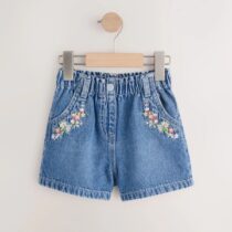 Mid Blue Denim Embroidered Flower Pull On Denim Shorts 1