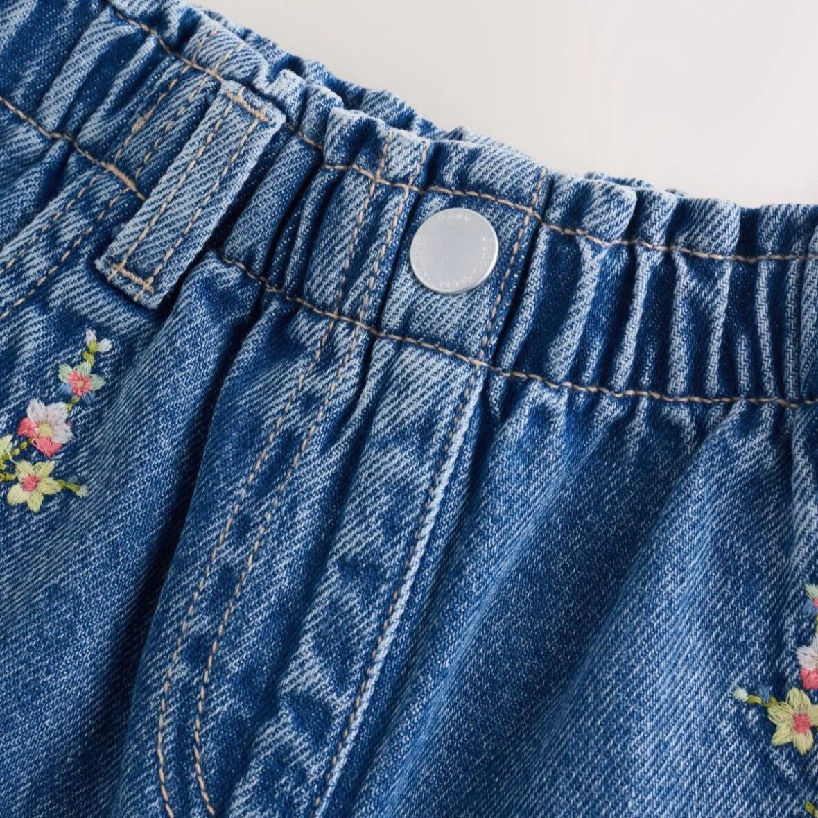 Mid Blue Denim Embroidered Flower Pull On Denim Shorts 4