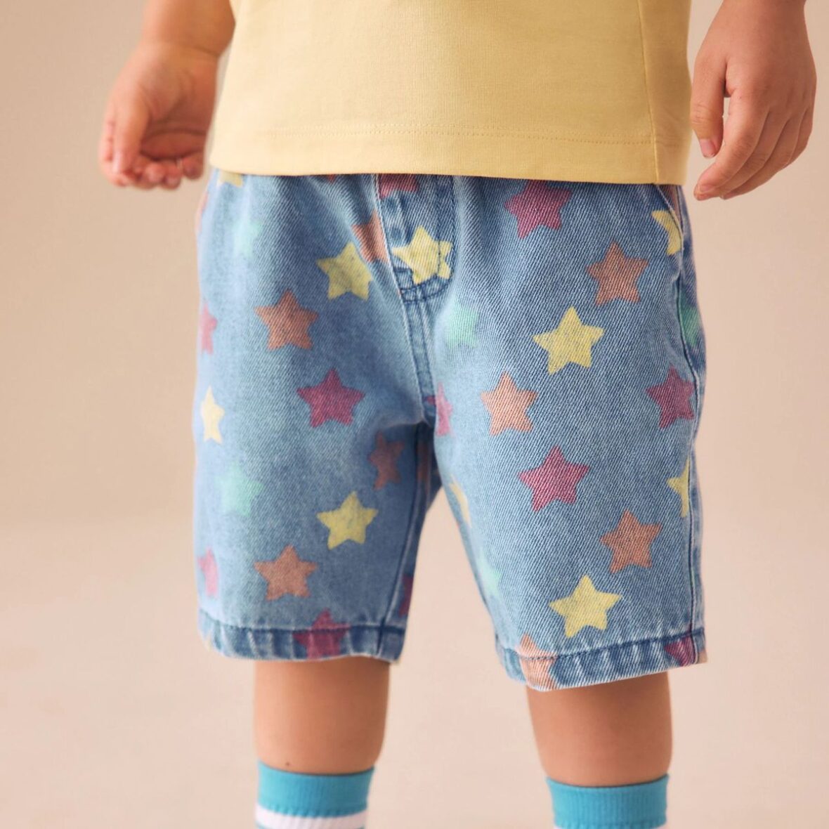 Mid Blue Denim Star Pull On Loose Denim Shorts 1