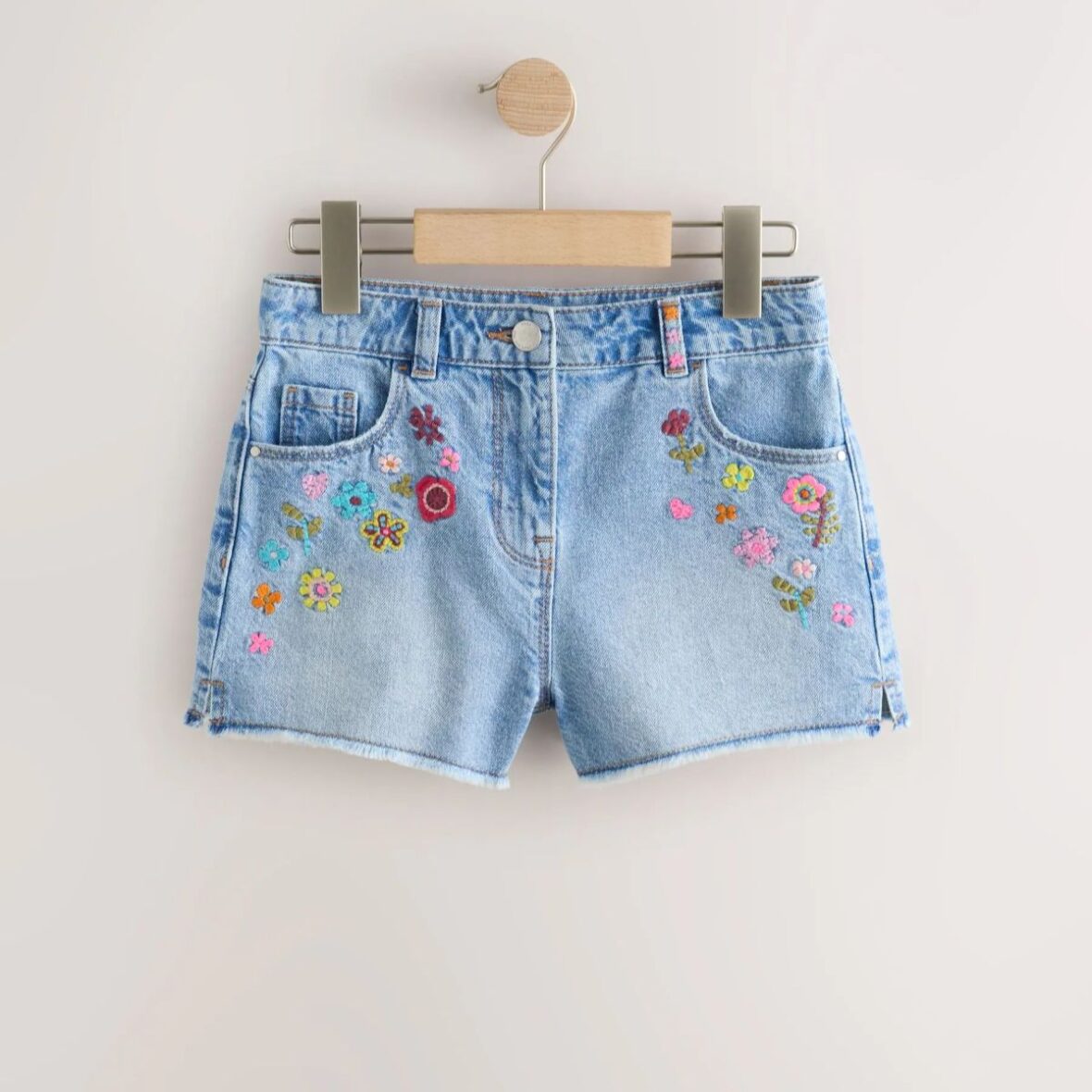 Mid Blue Embroidered Flowers Regular Length Frayed Edge Denim Shorts (3-16yrs)