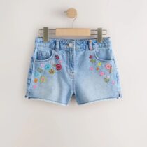 Mid Blue Embroidered Flowers Regular Length Frayed Edge Denim Shorts 1
