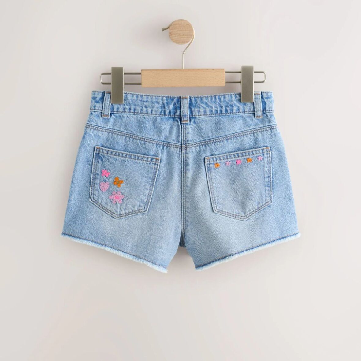 Mid Blue Embroidered Flowers Regular Length Frayed Edge Denim Shorts 3