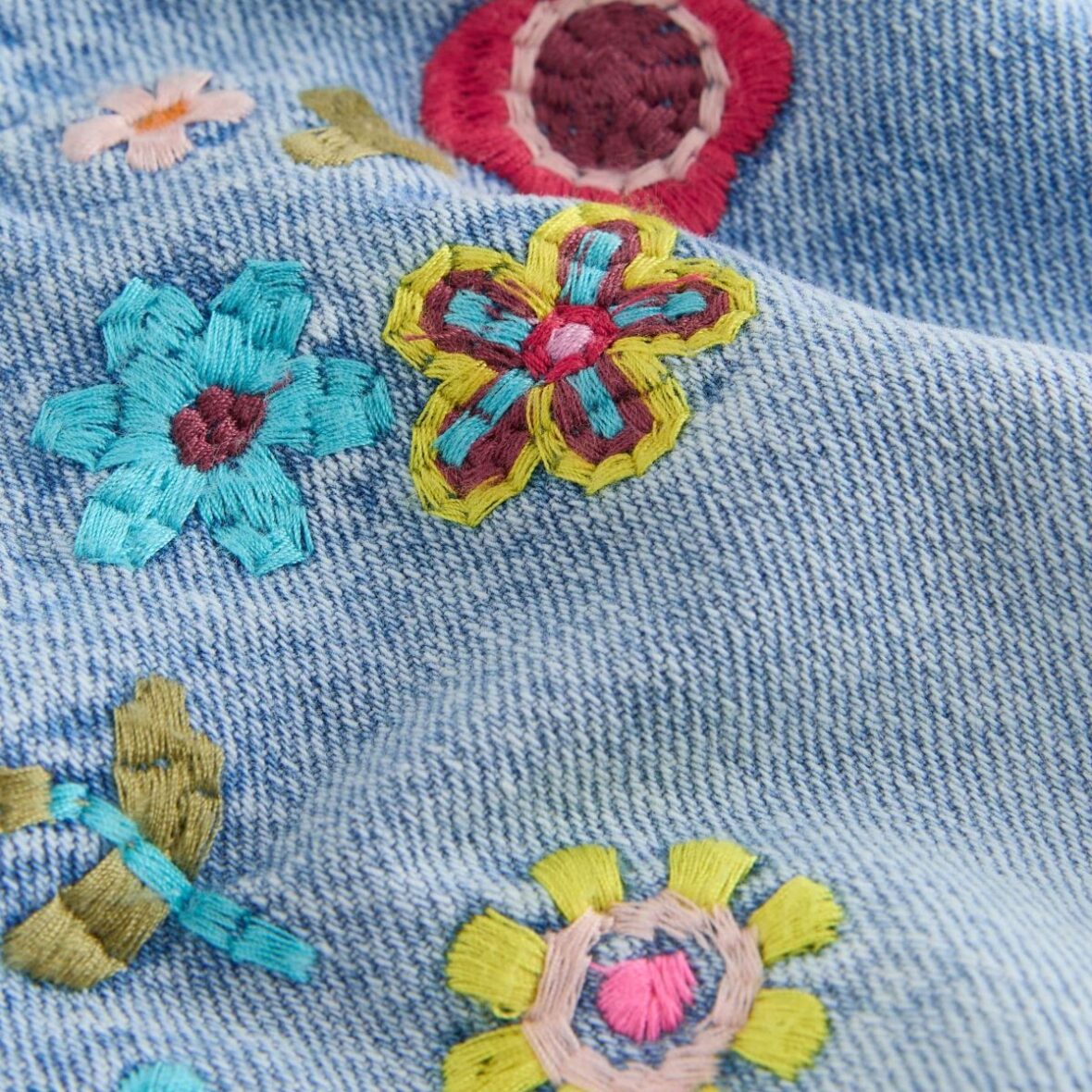 Mid Blue Embroidered Flowers Regular Length Frayed Edge Denim Shorts 4
