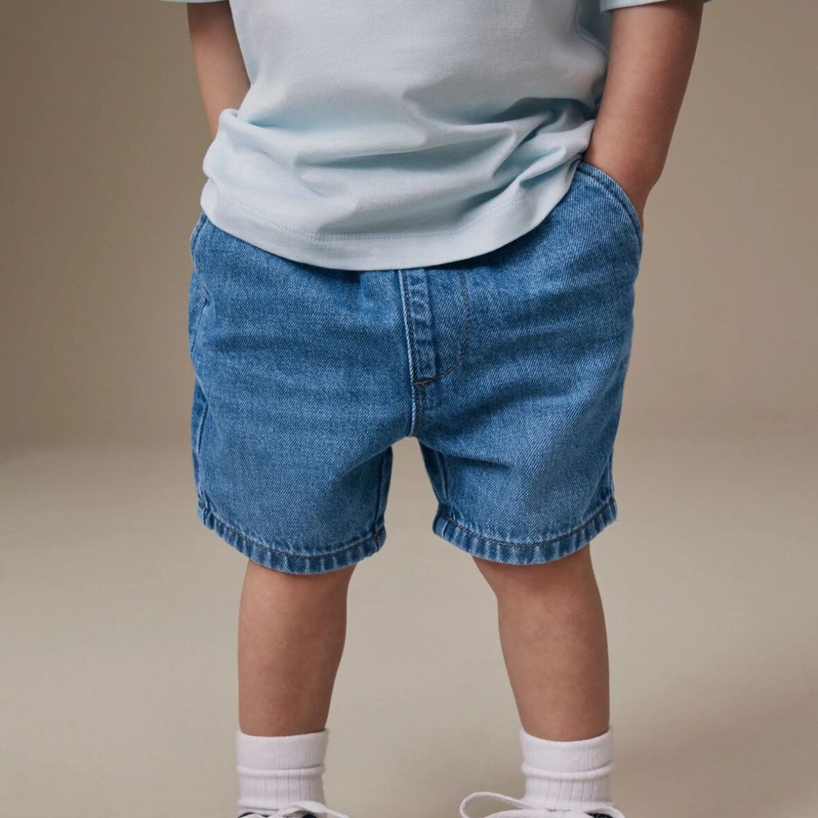 Mid Blue Pull On Loose Denim Shorts 1