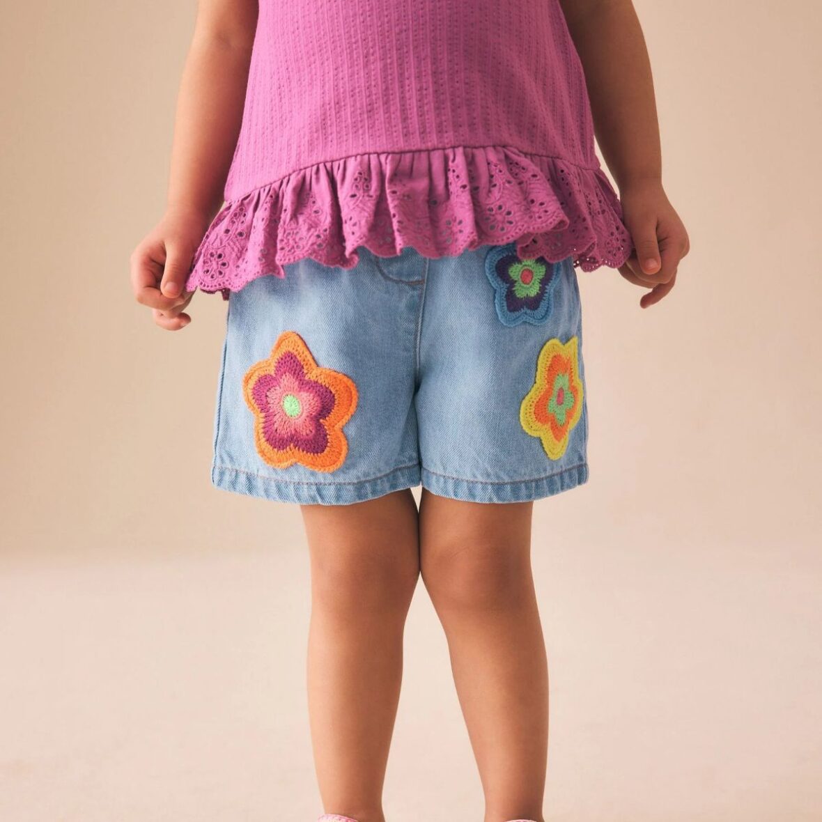 Mid Denim Crochet Flower Pull On Denim Shorts 1