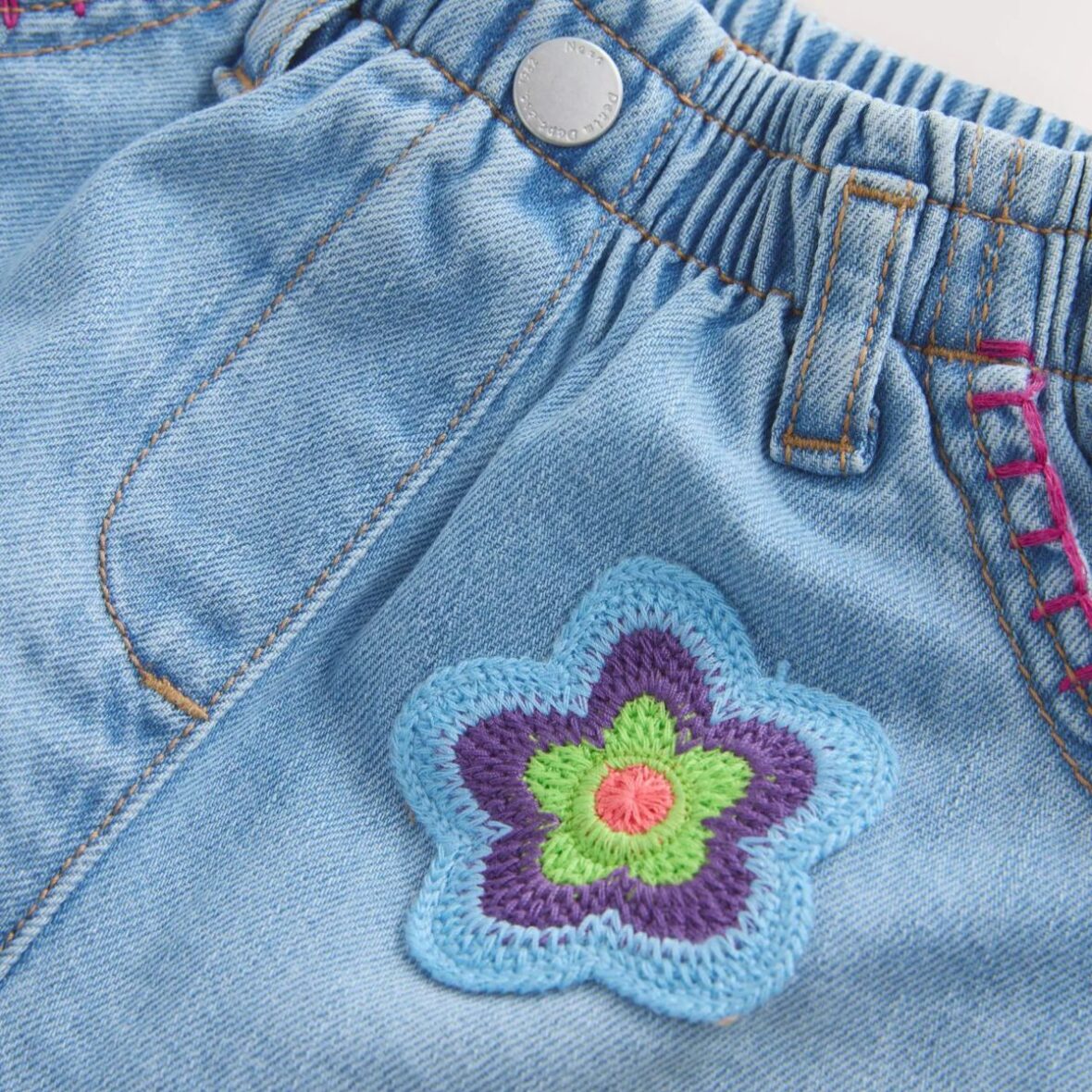 Mid Denim Crochet Flower Pull On Denim Shorts 4