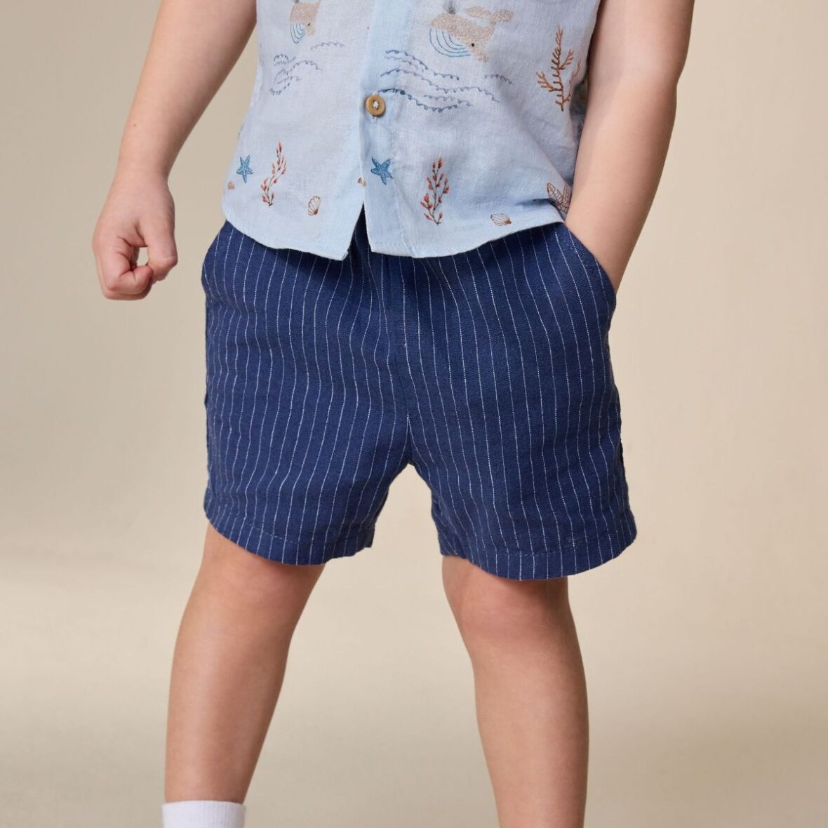 Navy Stripe Linen Blend Pull On Shorts 1