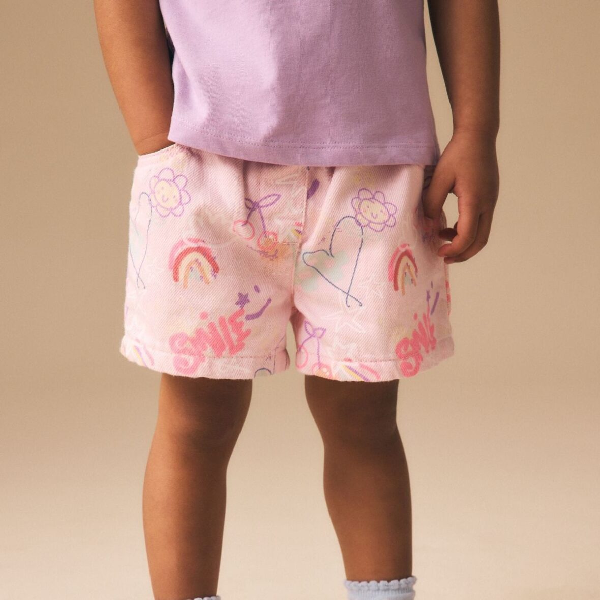 Pink Graffiti Print Pull On Denim Shorts 1