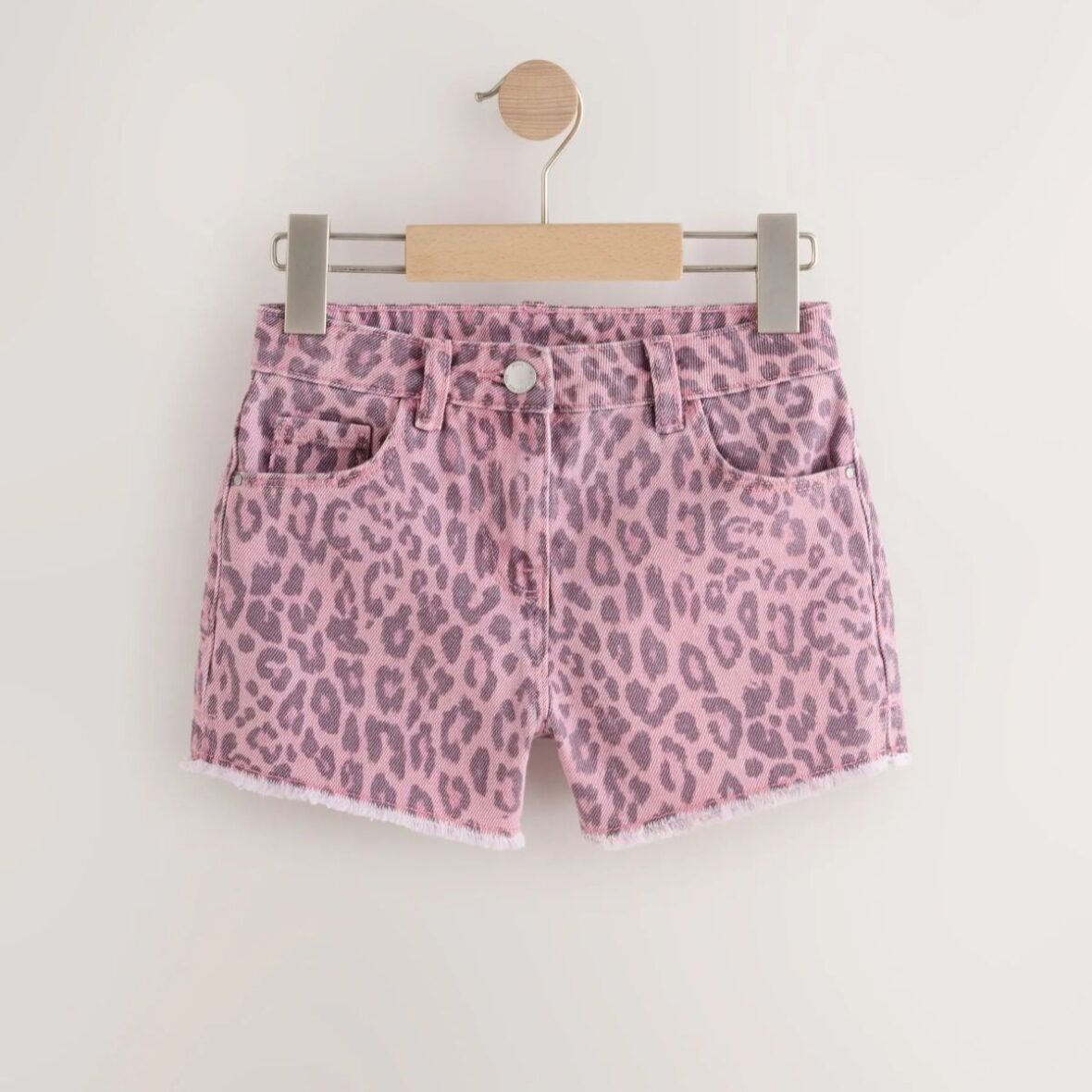 Pink Leopard Animal Print Regular Length Frayed Edge Denim Shorts (3-16yrs)