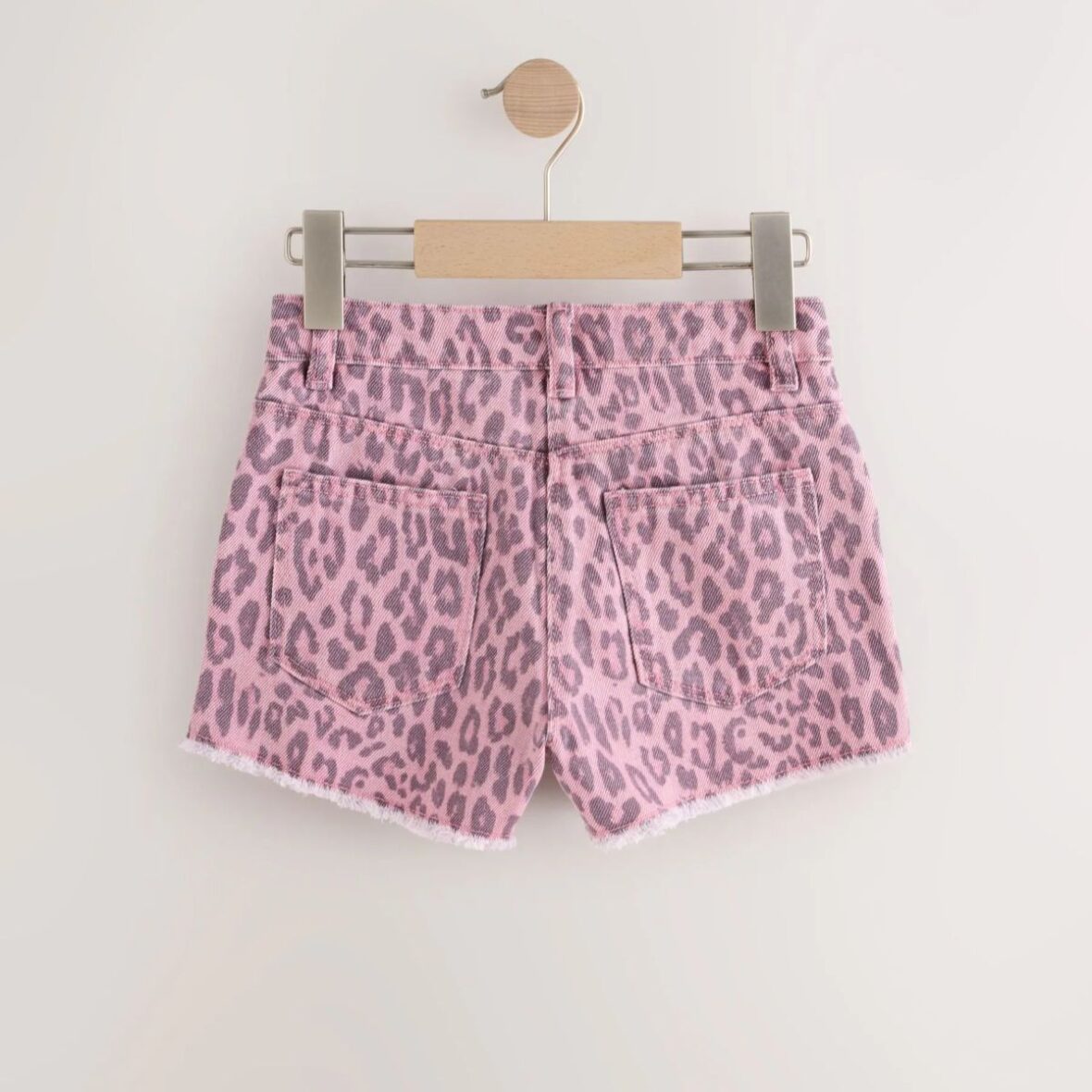 Pink Leopard Animal Print Regular Length Frayed Edge Denim Shorts 2