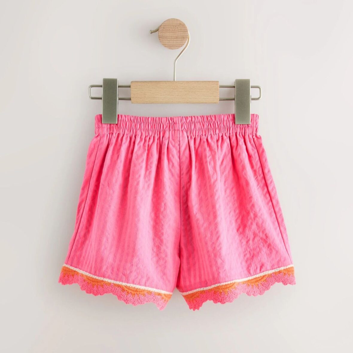 Pink Seersucker Stripe Crochet Trim Shorts 2