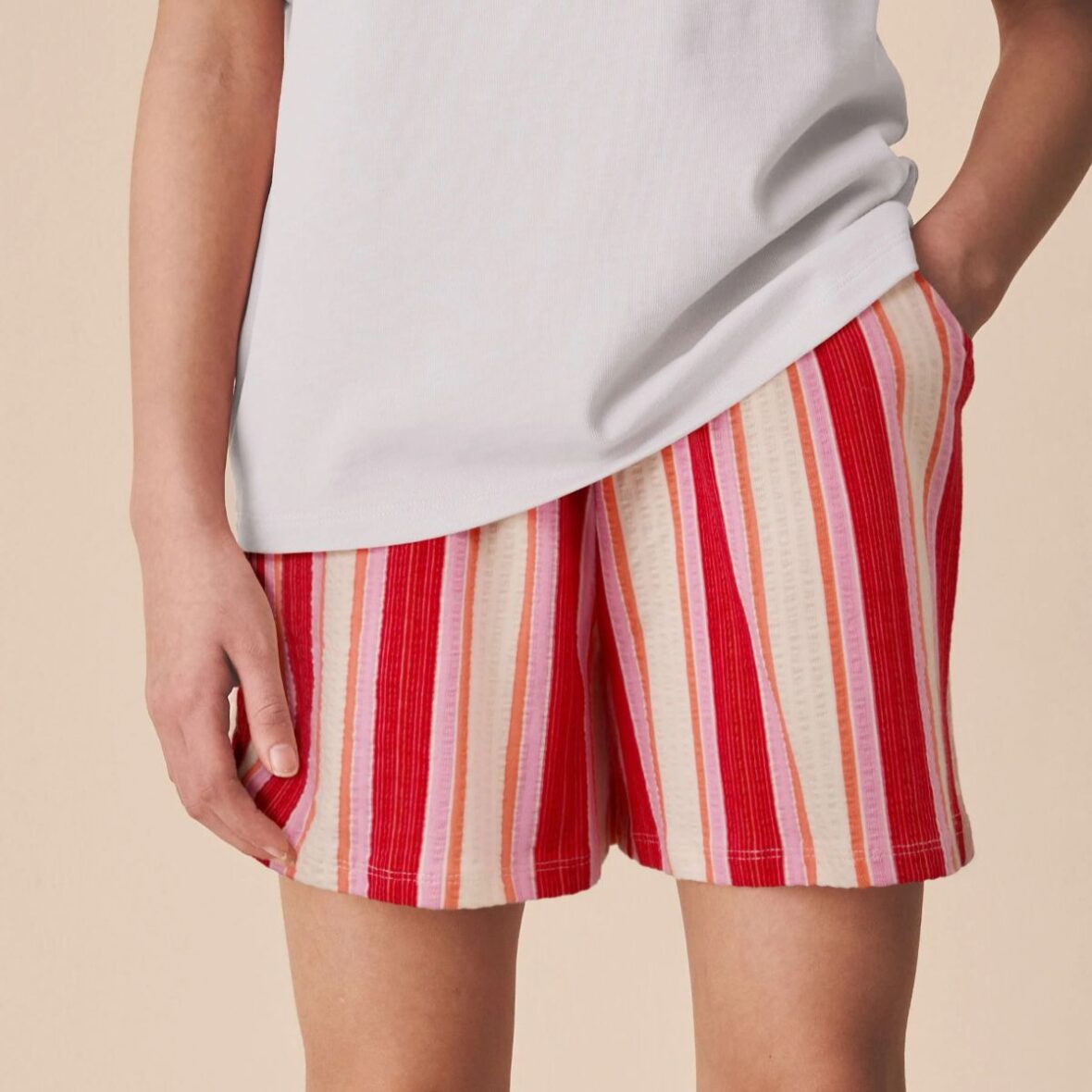 Red Pink Stripe Textured Shorts 1
