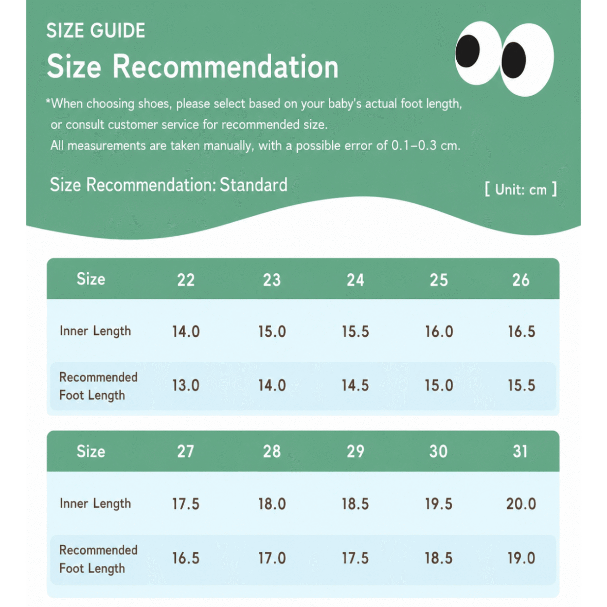TopStar Googly Eye Kids Sandals size chart