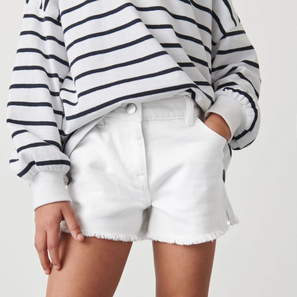 White Regular Length Frayed Edge Denim Shorts 1